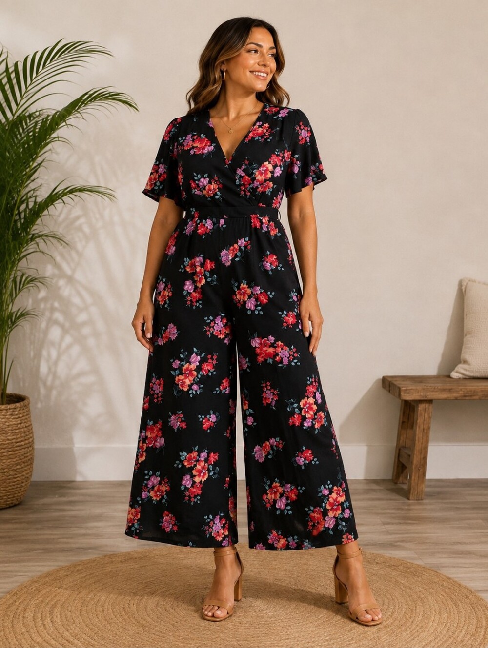Trixxi Black Jumpsuit with Pink and Red Floral Print Size XL